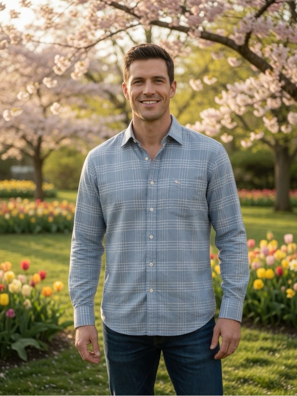 Burberry Blue Plaid Men's Button-Up Shirt Size Large Cotton